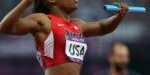 LONDON, ENGLAND - AUGUST 09:  Lauryn Williams of the United States reacts after competing in the Women's 4 x 100m Relay Round 1 on Day 13 of the London 2012 Olympic Games at Olympic Stadium on August 9, 2012 in London, England.  (Photo by Streeter Lecka/Getty Images)